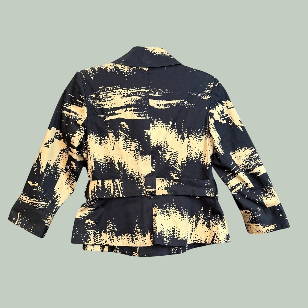 Grace Women Size 8 Black Cream Abstract Print Belted Blazer Cotton Blend Jacket - Picture 2 of 16